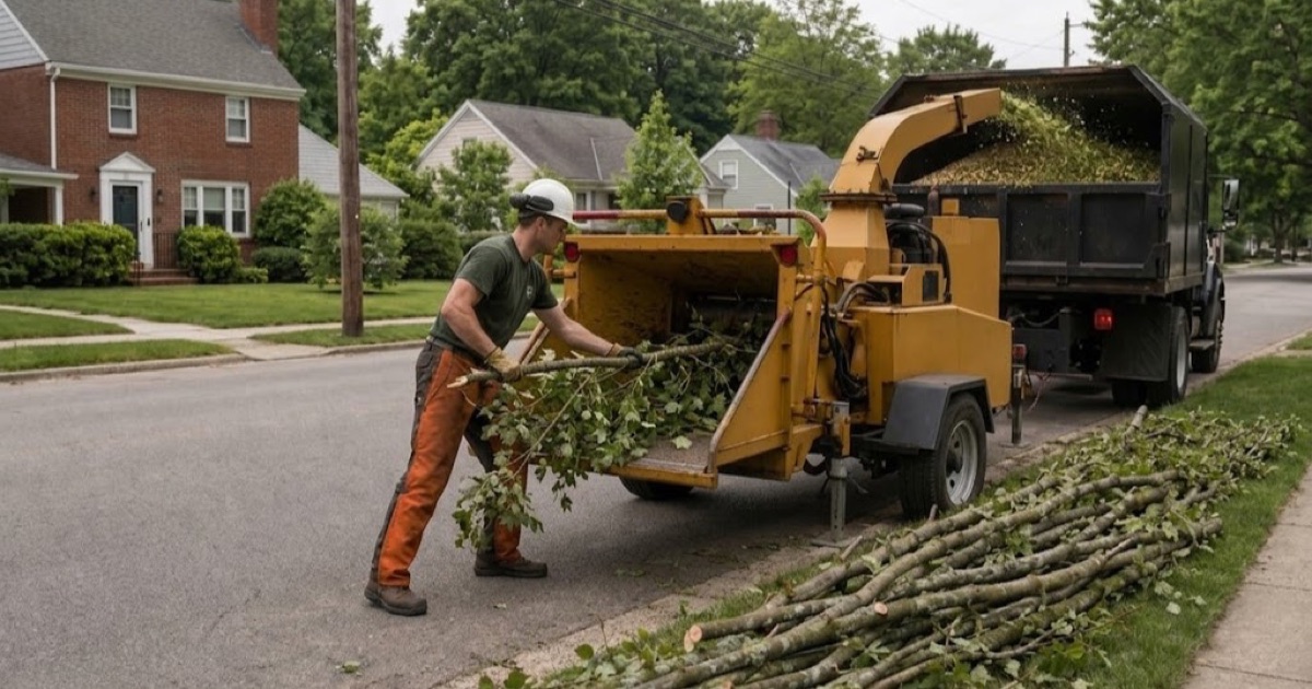 Worker feeding sugar maple brush into the chipper from the side of the infeed on a Franklin job, the chip box filling behind it.