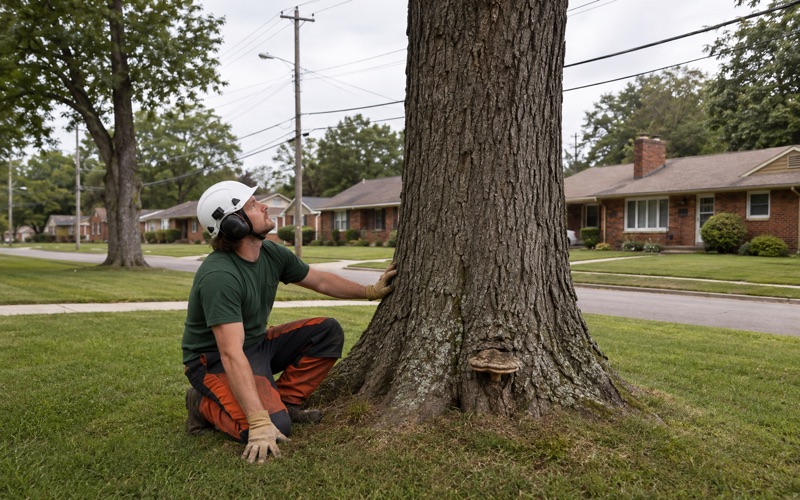 Worker crouched at the root flare of a mature northern red oak in Franklin, reading a shelf fungus at the base of the stem.