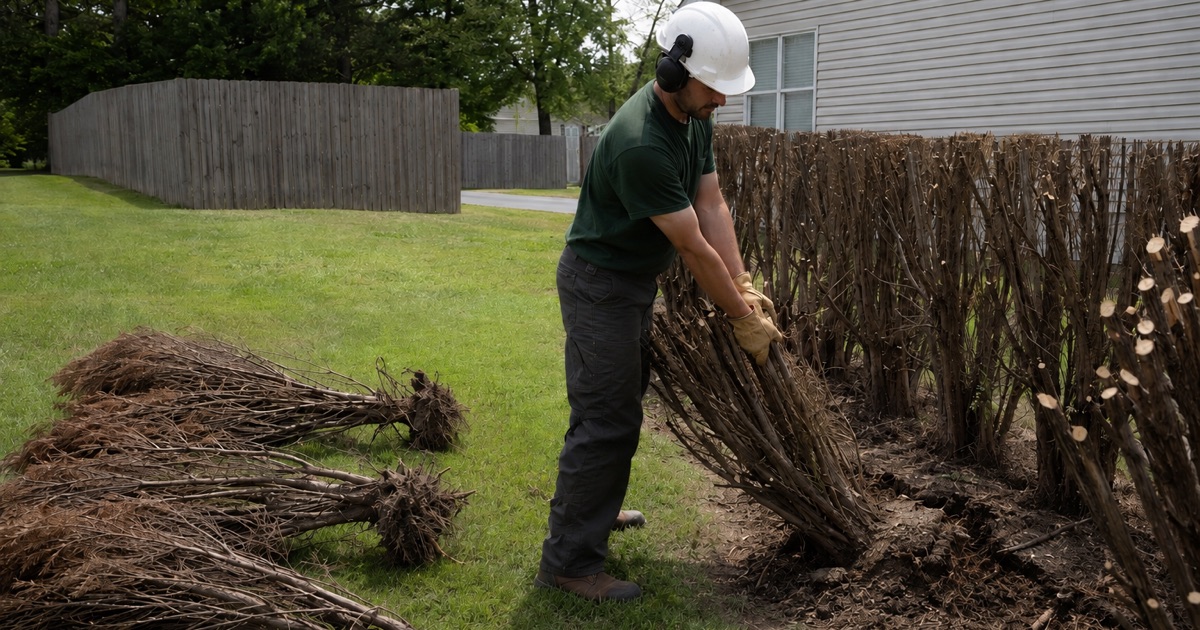 Worker pulling a Leyland cypress stem cluster out of a failed screen planting in Franklin after the tops have been taken off.