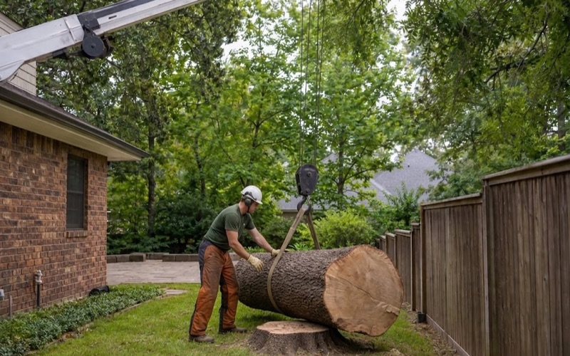 Worker setting the choker on a black oak section in a tight Franklin back yard, the crane hook block already lowered to it.