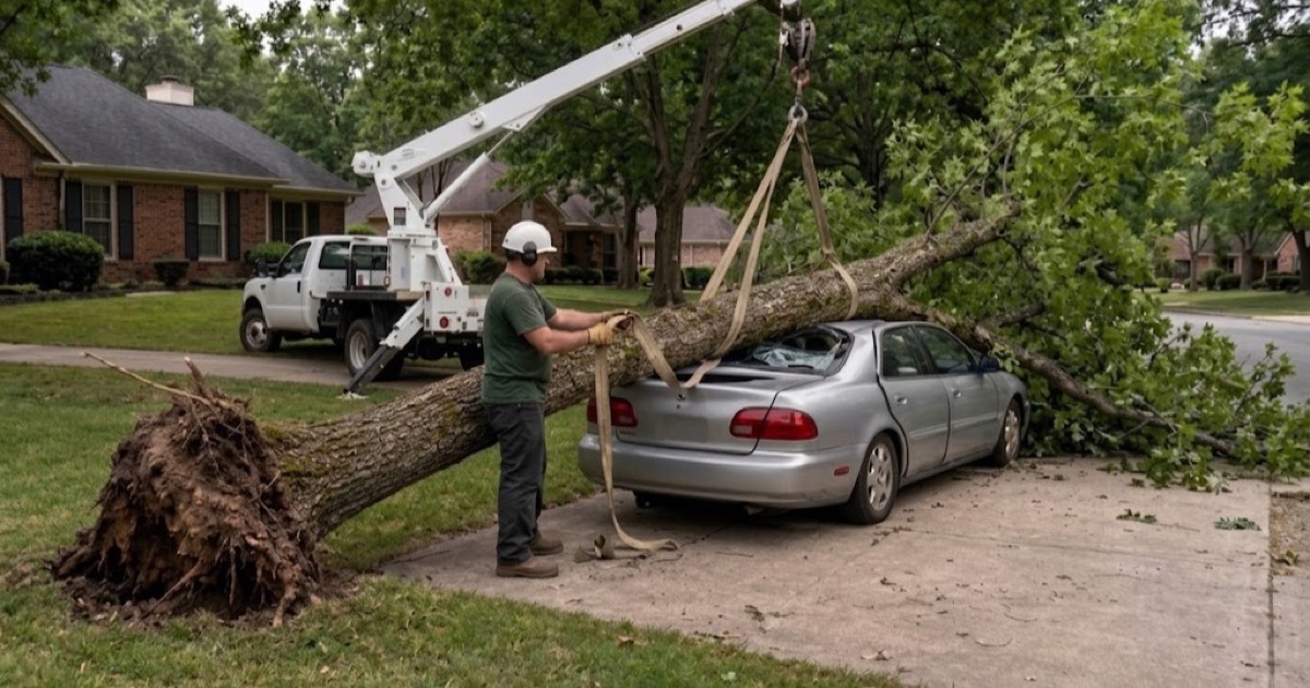 Worker passing a sling around a fallen black locust resting on a sedan in a Franklin driveway, the lifting line still slack in the white oak overhead.