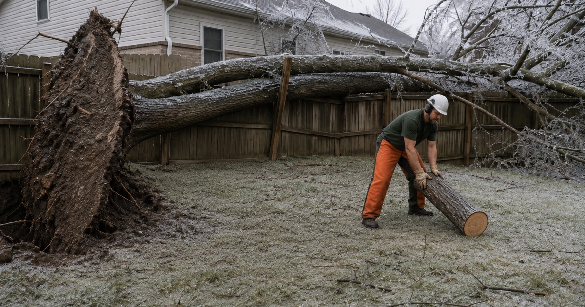 Worker at the butt of a windthrown silver maple that came down across a Middle Tennessee back fence under ice, its root plate lifted clear of the lawn.