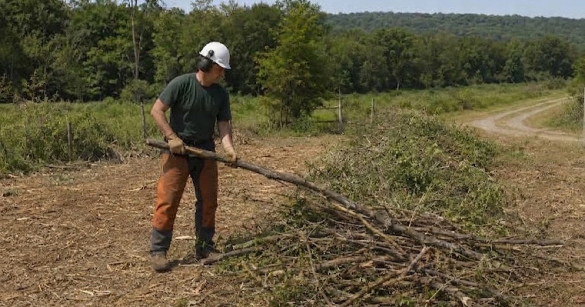 Worker rolling a honey locust cull log onto the windrow on a Franklin acreage clearing job, the mulcher parked with its grapple closed behind him.