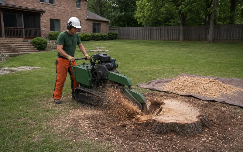 Worker sweeping a tracked stump grinder across the face of an eastern red cedar stump in Franklin, pale limestone showing at the rim of the hole.
