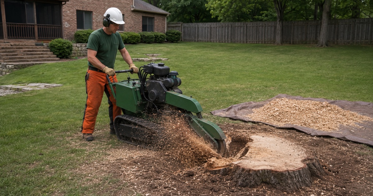 Worker sweeping a tracked stump grinder across the face of an eastern red cedar stump in Franklin, pale limestone showing at the rim of the hole.