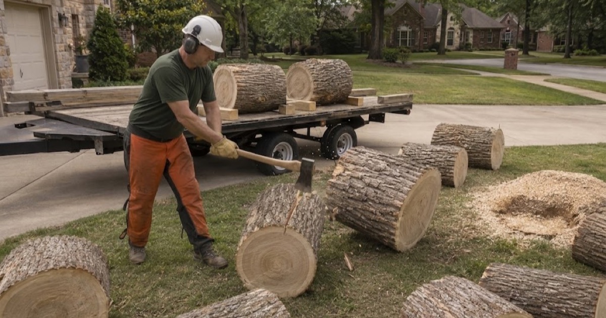 Worker rolling a tulip poplar round up onto the log bunk of a trailer at the end of a Franklin job, the ground stump and its grindings behind him.
