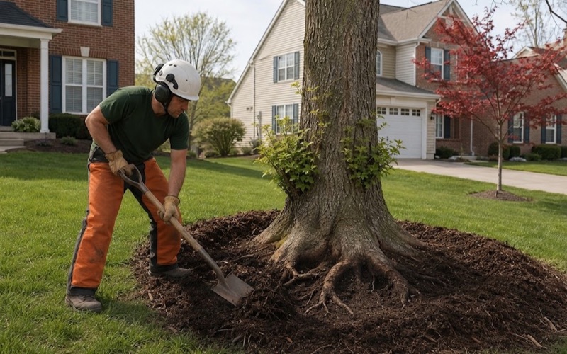 Worker pulling piled mulch back off the root flare of a declining white ash in Franklin, opening the root collar to the air.