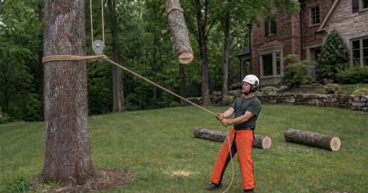 Worker at the base of a white oak spar in a Franklin back yard, hands on the lowering rope with three wraps on the device as a cut section comes down.