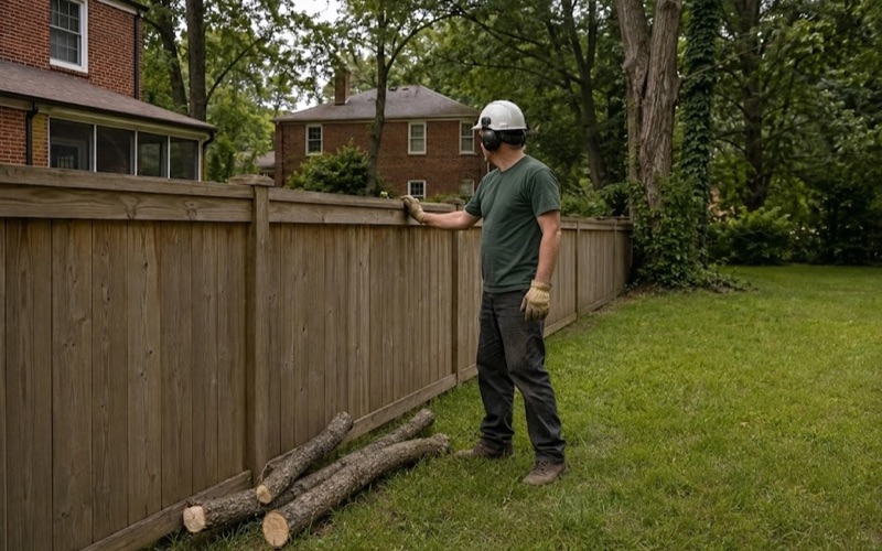 Worker at the boundary fence in Franklin with a black walnut limb cut back to the property line, the stubs stopped clean at the collar.
