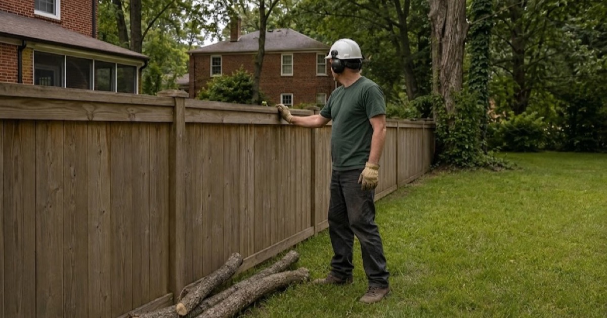 Worker at the boundary fence in Franklin with a black walnut limb cut back to the property line, the stubs stopped clean at the collar.