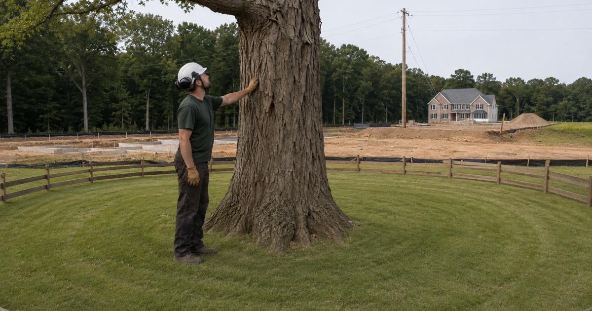 Worker at the base of a specimen shagbark hickory on a Franklin building lot, the tree protection fence already set out ten feet from the trunk.