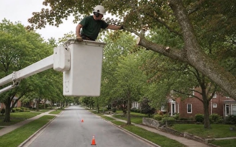 Worker in an aerial bucket making a reduction cut at the branch collar of a red maple over a Franklin street.
