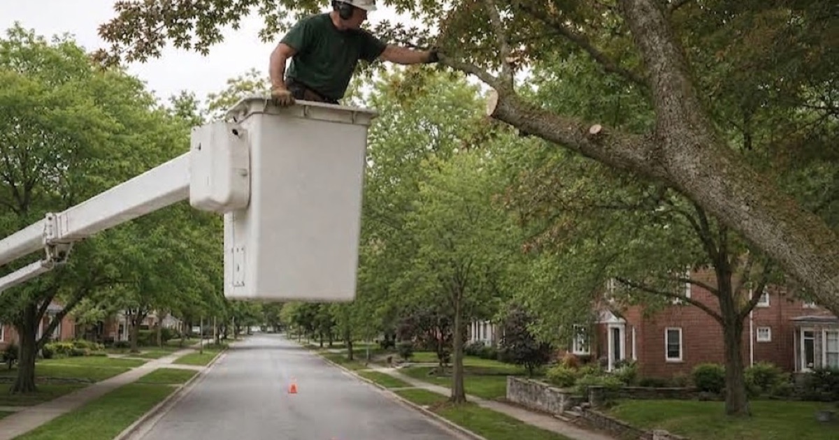 Worker in an aerial bucket making a reduction cut at the branch collar of a red maple over a Franklin street.