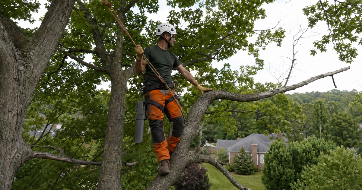 Climber high in the crown of a sugar maple over a Franklin back yard, tied in above the limb he is clearing of deadwood.